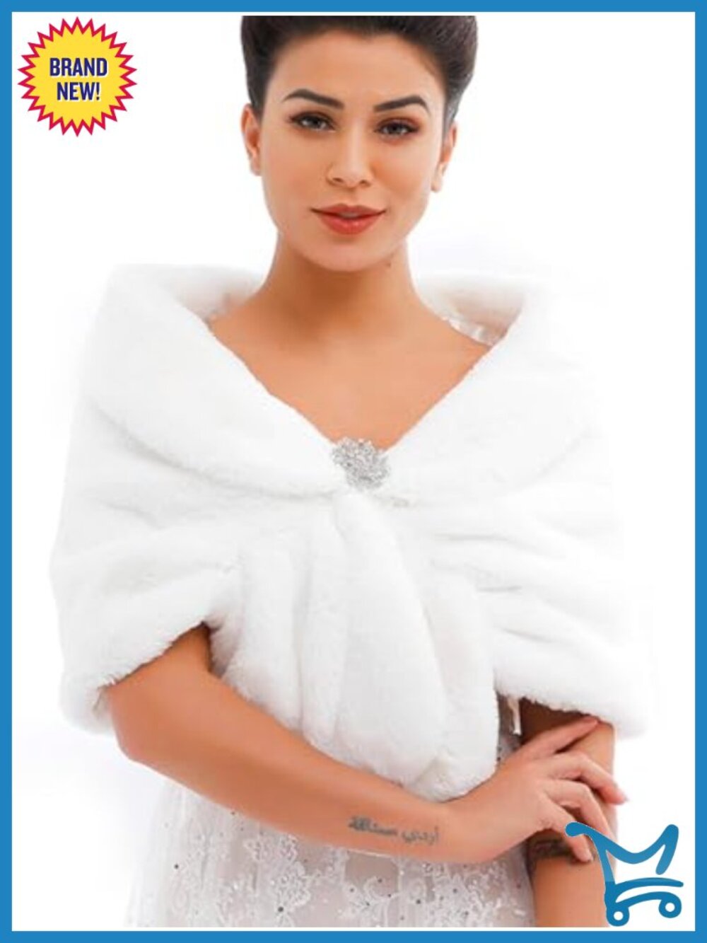Women's Faux Fur Bridal Wrap Shawl with Rhinestone Brooch for Wedding Evening